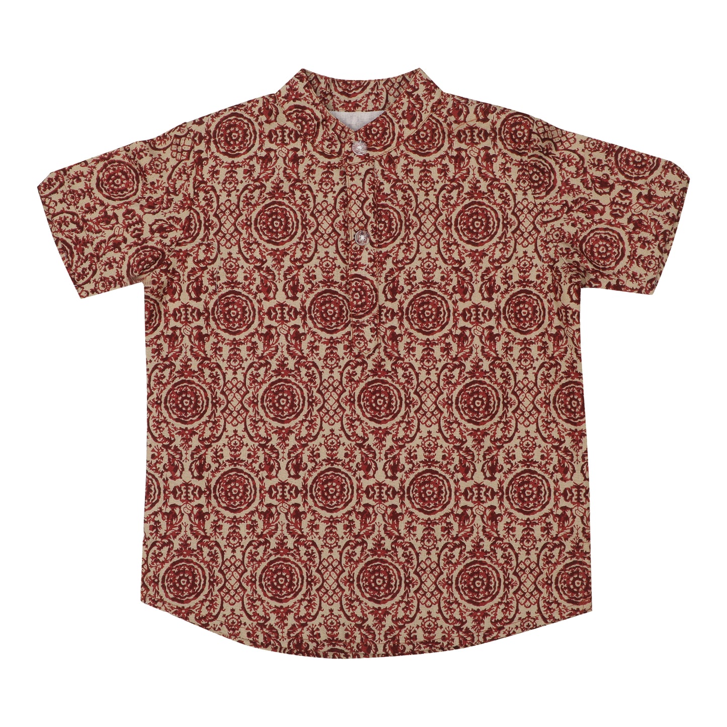 Cotton t-shirt for Boys | Chinese Collar - Classic Print | Maroon
