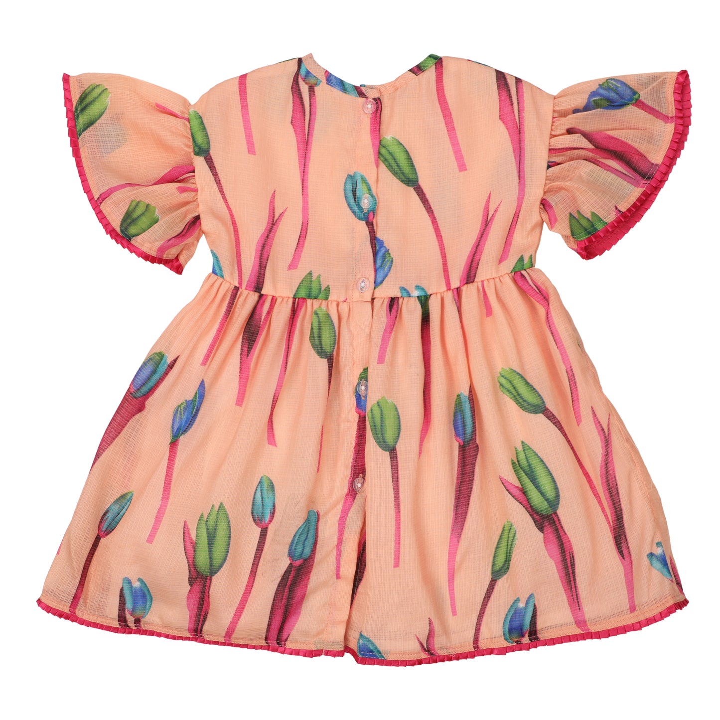 Cotton Frock for Girls | Butterfly Sleeves - Floral Print | Peach