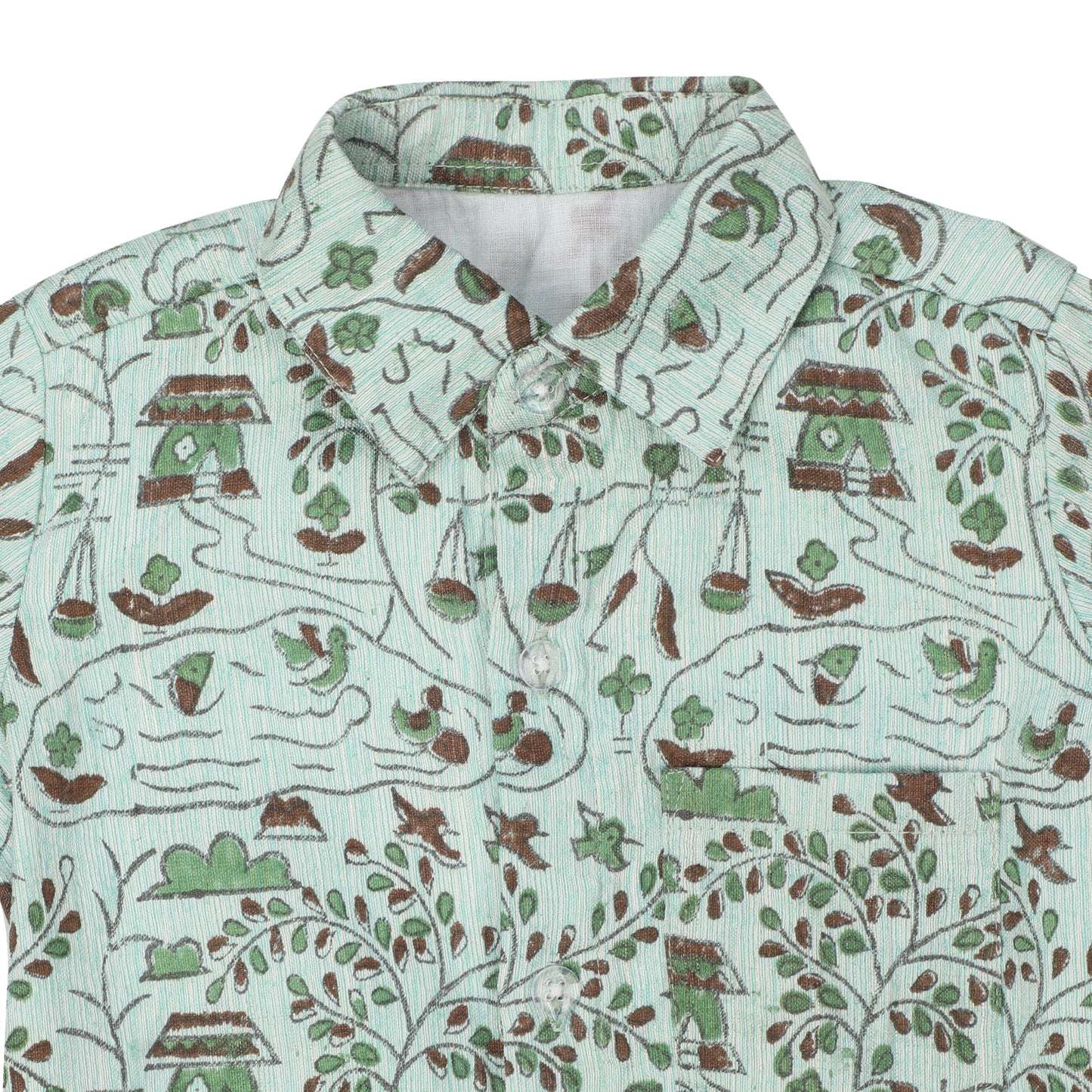 Cotton Shirt for Boys | Standard Collar - Madhubani Print | Sea Green