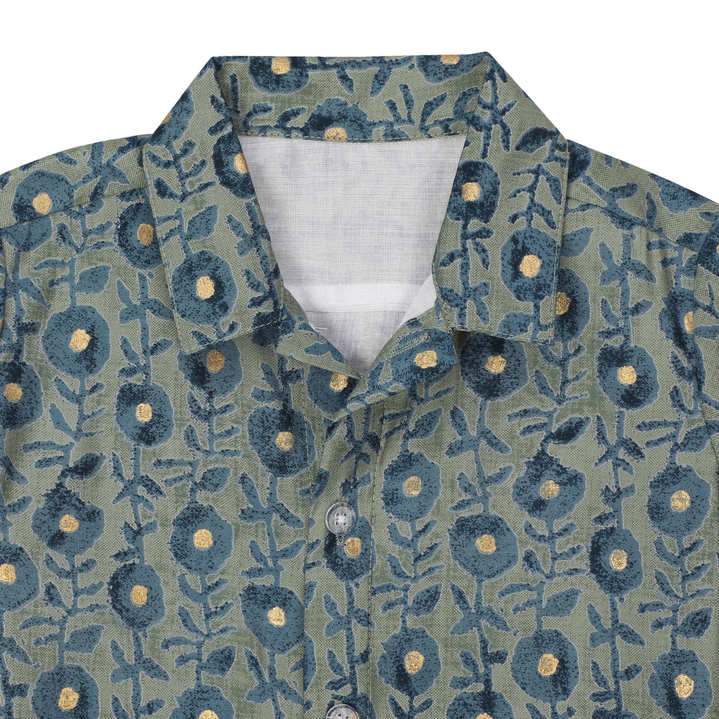 Cotton Shirt for Boys | Standard Collar - Blue & Golden Print | Green