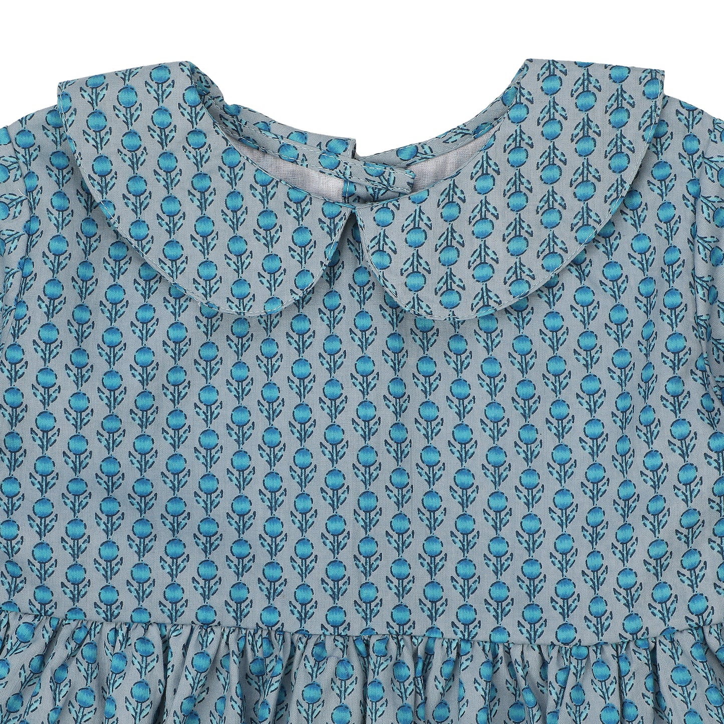 Cotton Frock for Girls | Peter Pan Collar - Floral Print | Blue