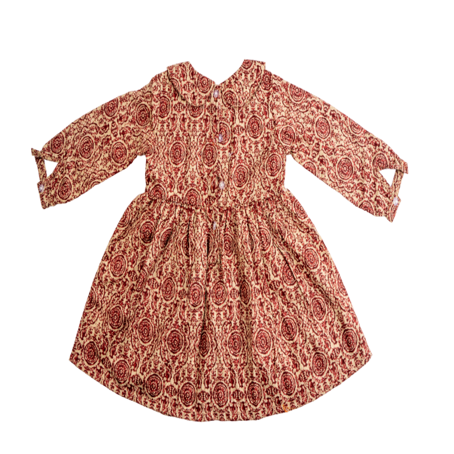 Cotton Frock for Girls | Peter Pan Collar - Classic Print | Maroon