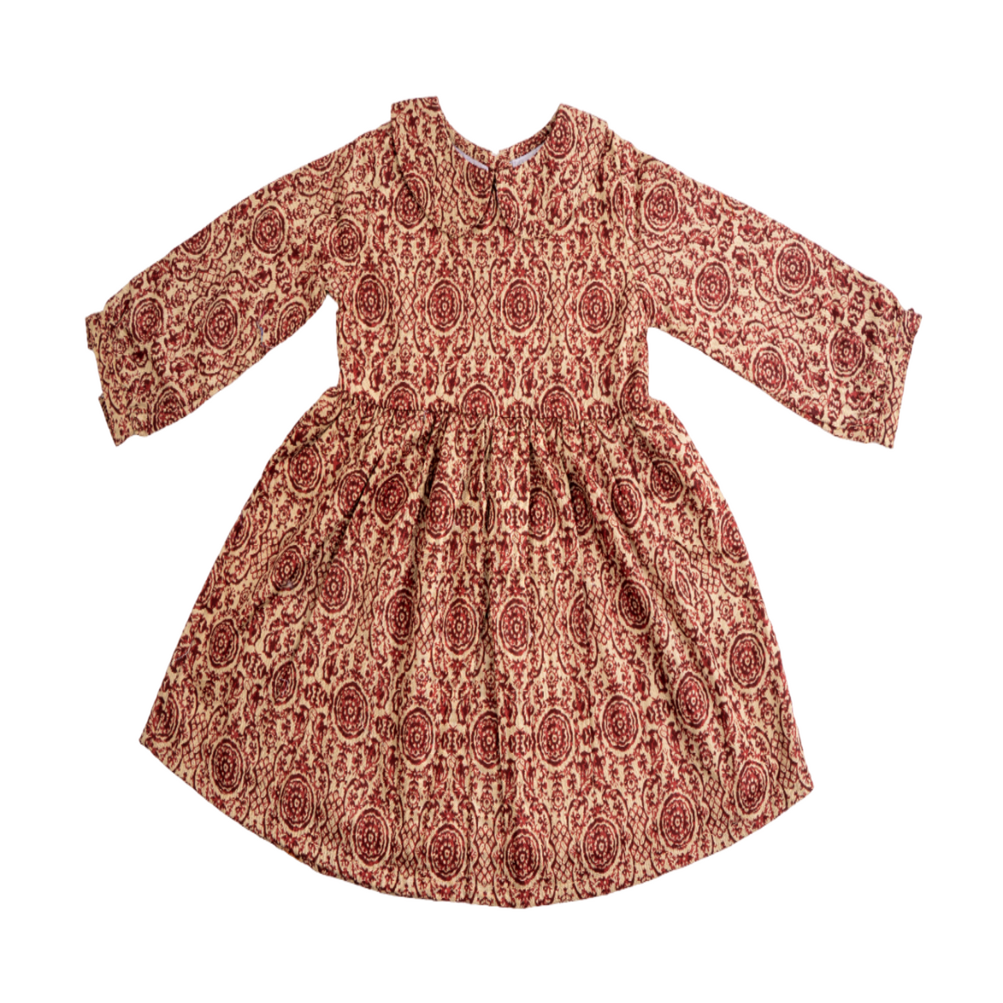 Cotton Frock for Girls | Peter Pan Collar - Classic Print | Maroon