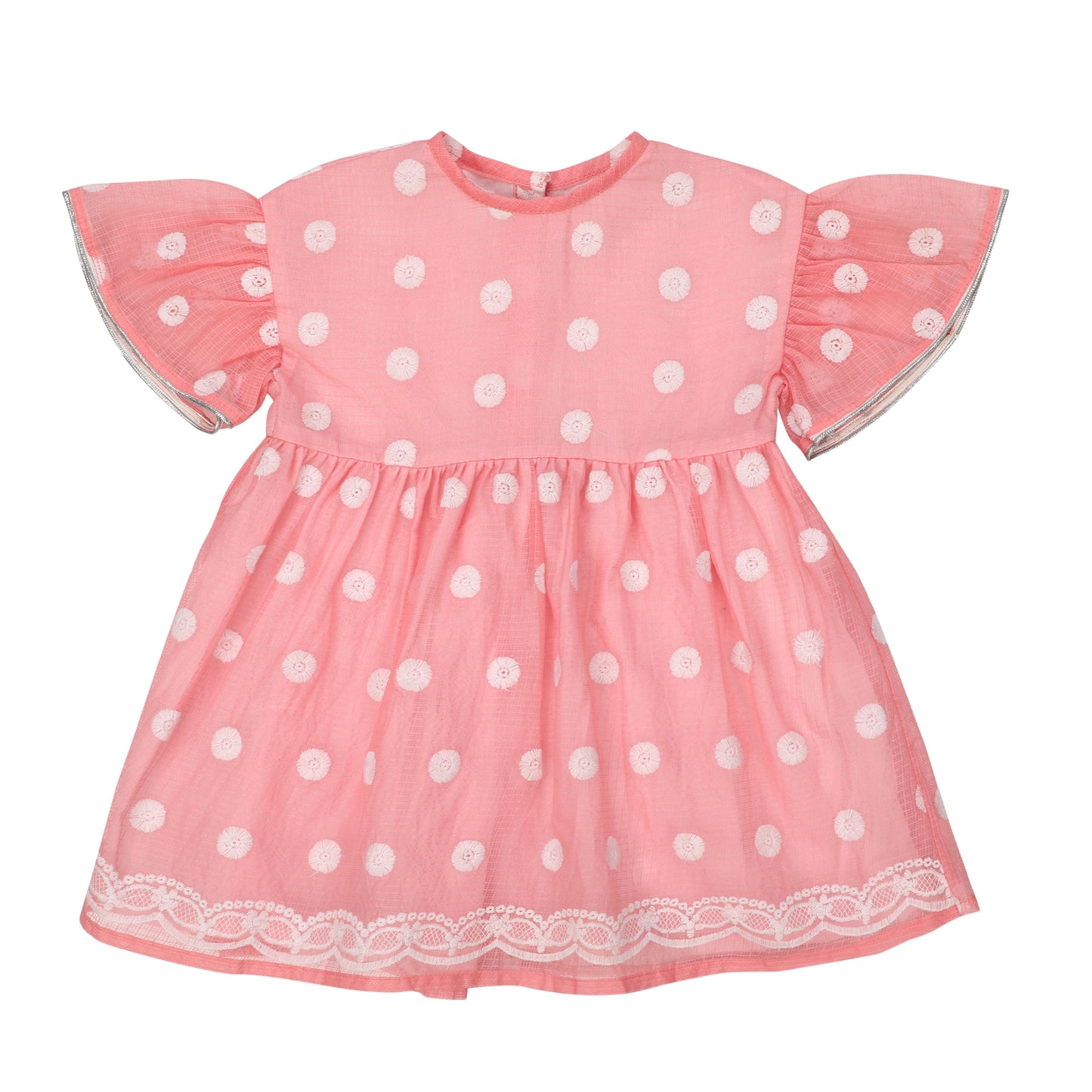 Kota Cotton Frock for Girls | Butterfly Sleeves - White Embroidery | Pink