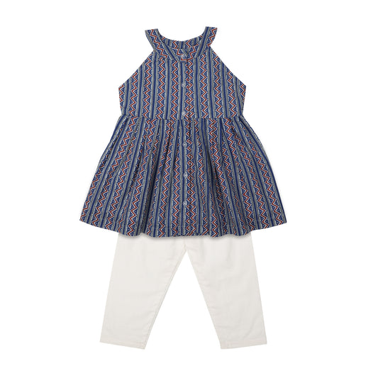 Cotton Frock for Girls with Pyjama | Sleeveless - Geometric Print | Blue