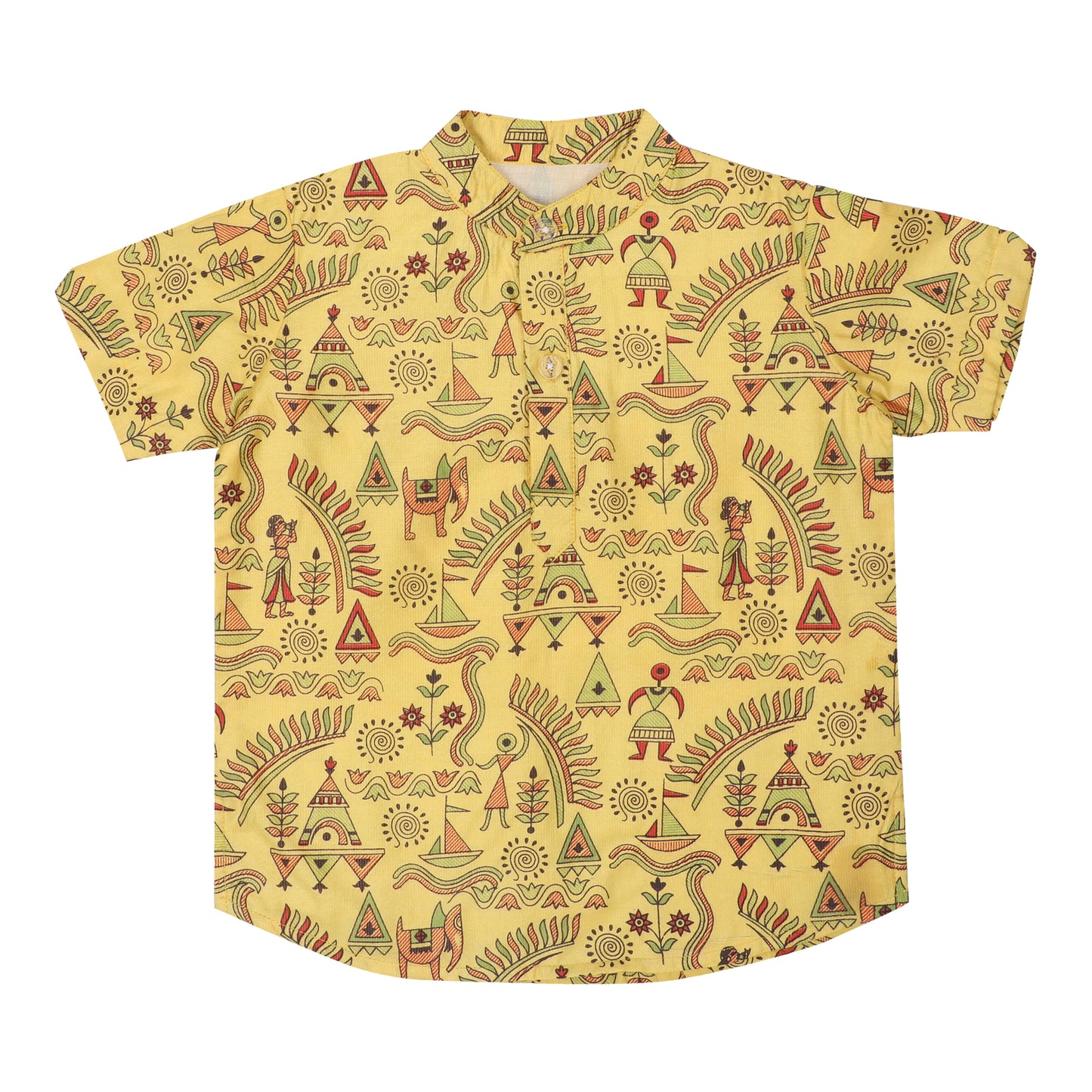 Cotton t-shirt for Boys | Chinese Collar - Madhubani Print | Yellow