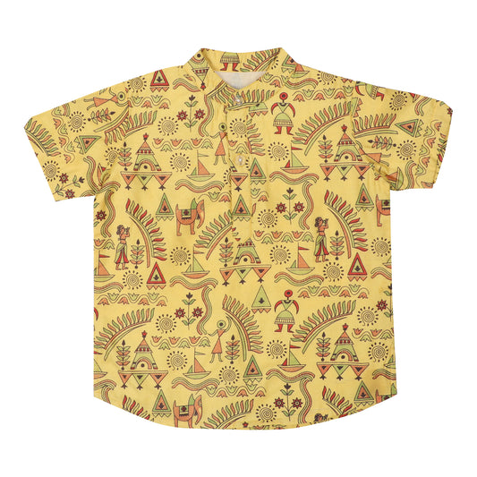 Cotton t-shirt for Boys | Chinese Collar - Madhubani Print | Yellow