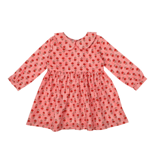 Cotton Frock for Girls | Peter Pan Collar - Floral Print | Pink