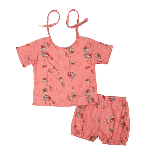 Cotton Jhabla Set for Infants | 2 Piece - Floral Print I Pink