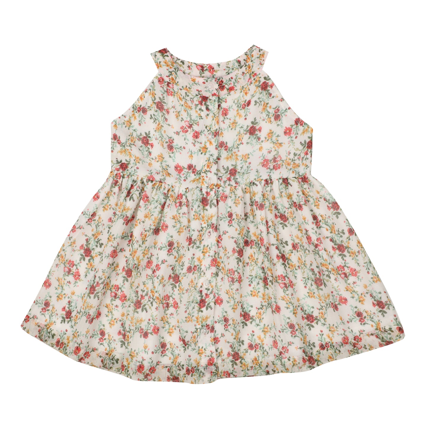 Georgette Frock for Girls | Sleeveless - Floral Print | Cream & Pink