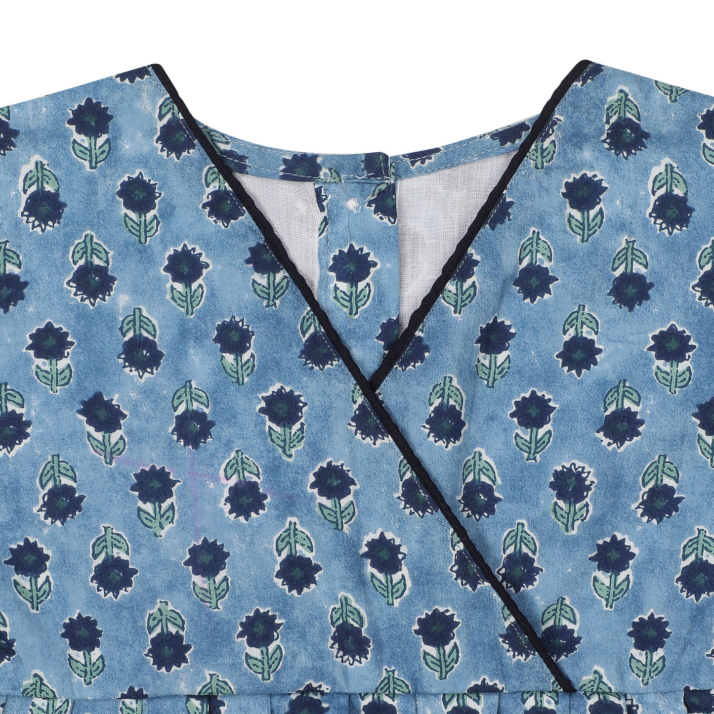 Cotton Frock for Girls | Short Sleeve - Floral Print | Blue
