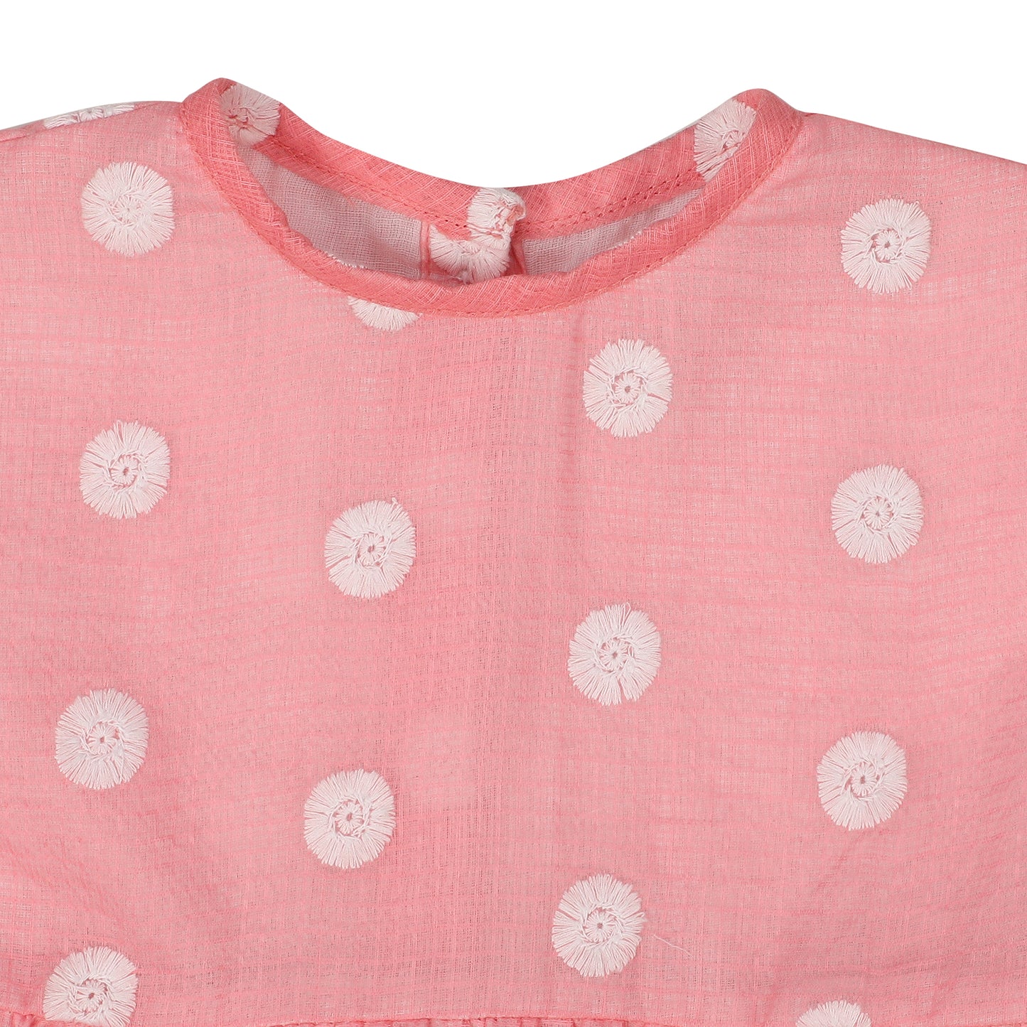 Kota Cotton Frock for Girls | Butterfly Sleeves - White Embroidery | Pink