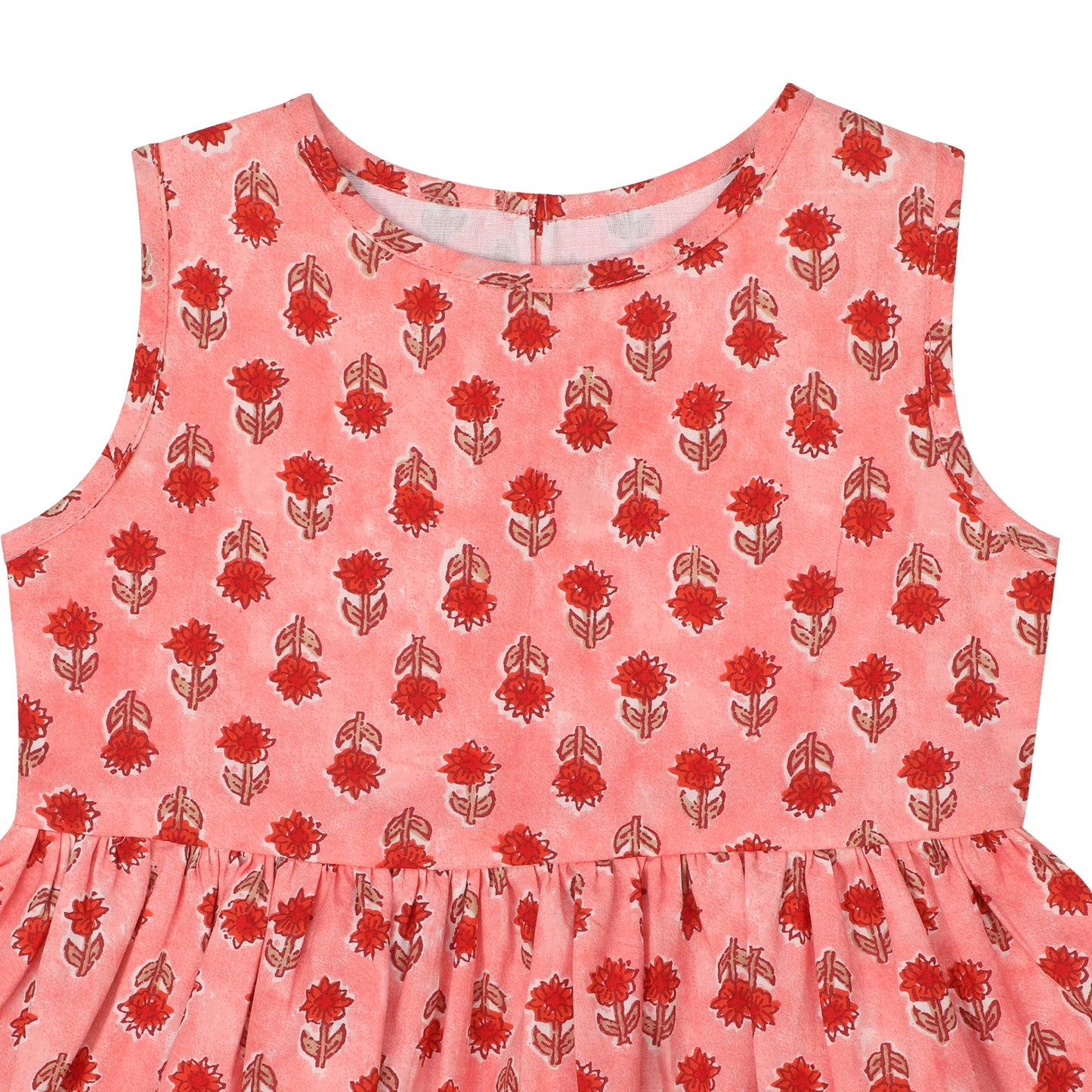 Cotton Frock for Girls | Sleeveless - Floral Print | Peach
