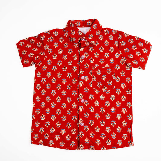Cotton Shirt for Boys | Standard Collar - Floral Print | Rusty Red