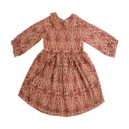 Cotton Frock for Girls | Peter Pan Collar - Classic Print | Maroon